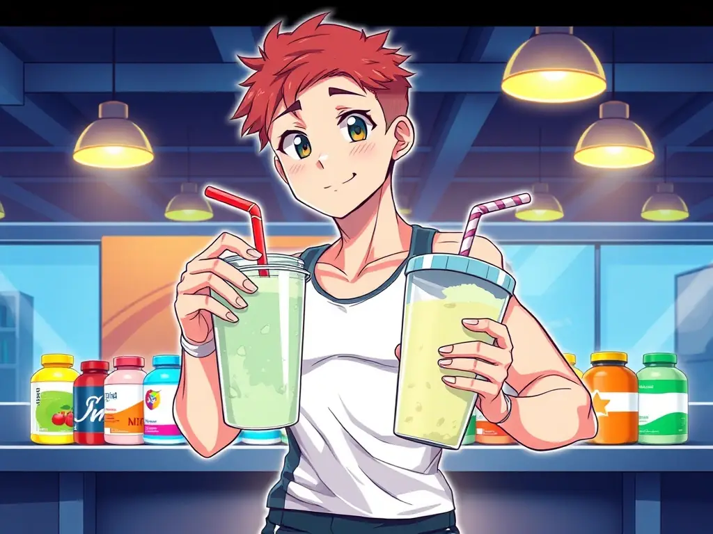 A vibrant image showcasing a person holding a protein shake after a workout, with various supplement bottles in the background, symbolizing a healthy and active lifestyle.