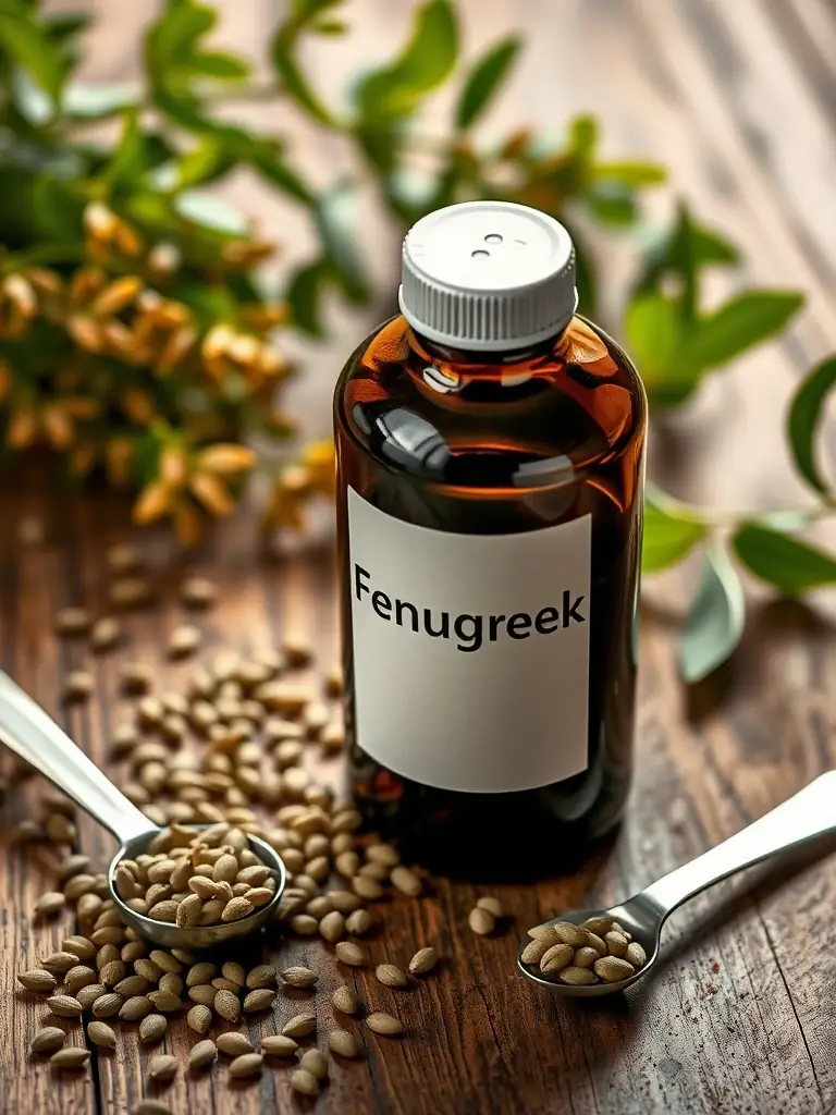 Image of a bottle of Fenugreek supplement, showcasing its natural seed extract and benefits for hormonal balance, placed on a rustic wooden table with scattered fenugreek seeds and a measuring spoon, emphasizing its natural origin and testosterone-boosting effects.