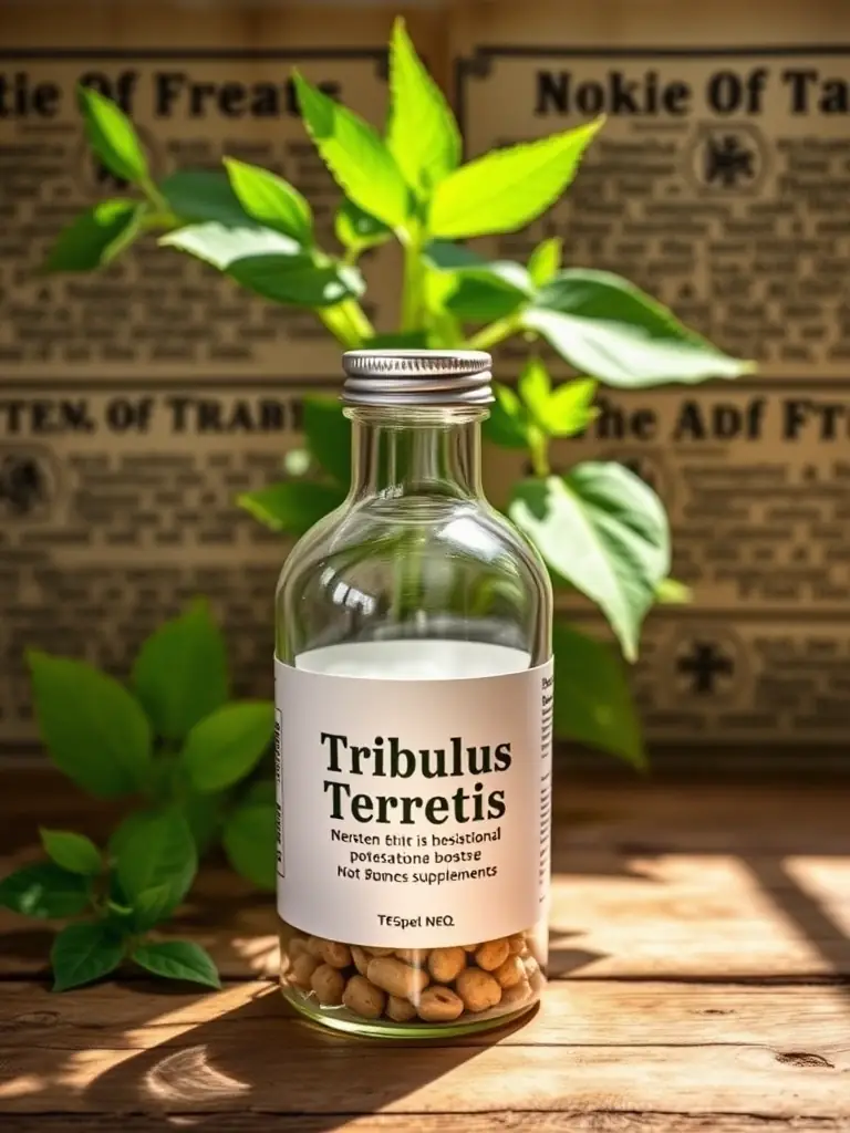 Image of a bottle of Tribulus Terrestris supplement, highlighting its natural ingredients and traditional use, set against a backdrop of green leaves and ancient medicinal texts, emphasizing its herbal origin and testosterone-boosting properties.
