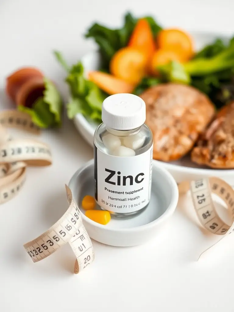 Image of a bottle of Zinc supplement, emphasizing its essential mineral content and importance for hormonal health, displayed on a clean white surface with a measuring tape and a healthy meal, highlighting its role in overall wellness and testosterone support.