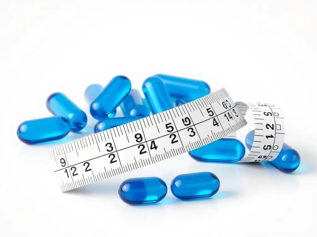 An image featuring a close-up of CLA softgels and a measuring tape, emphasizing the supplement's role in reducing body fat and improving body composition.