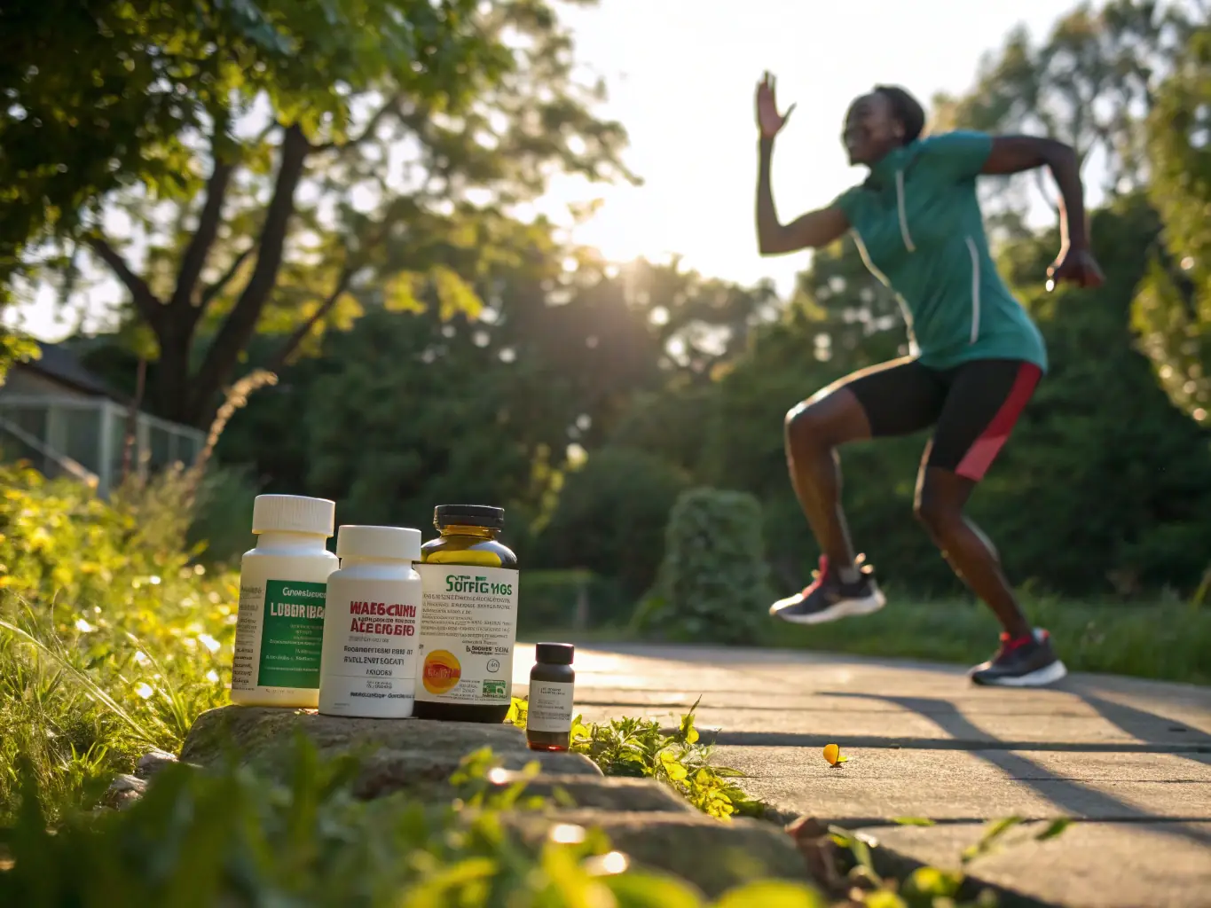 An image displaying a bottle of L-Carnitine capsules alongside a person running outdoors, highlighting the supplement's ability to boost energy and fat metabolism.