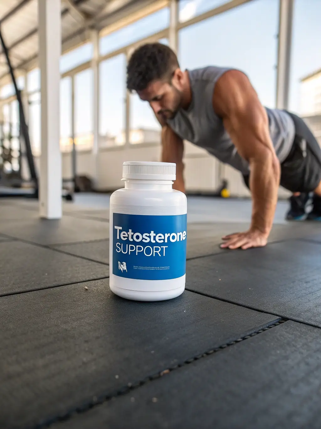Image of a bottle of D-Aspartic Acid supplement, showcasing its label and capsules, placed on a dark wooden surface with scattered gym equipment in the background, emphasizing its role in testosterone support for athletes.