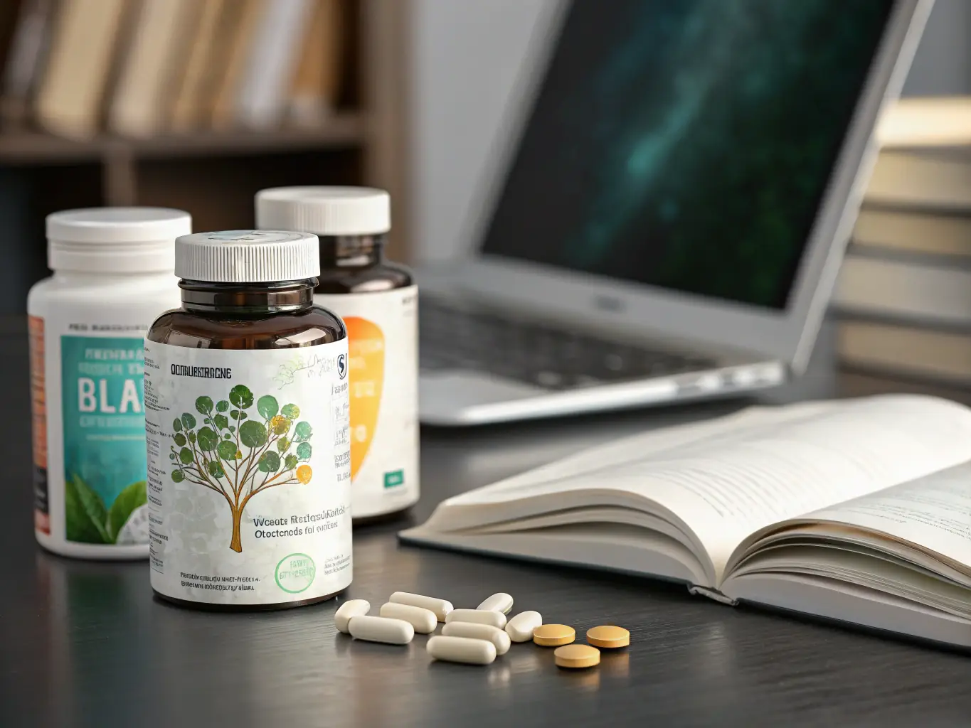 A close-up shot of a bottle of nootropic capsules with a blurred background of a person working at a desk, symbolizing enhanced focus and productivity.