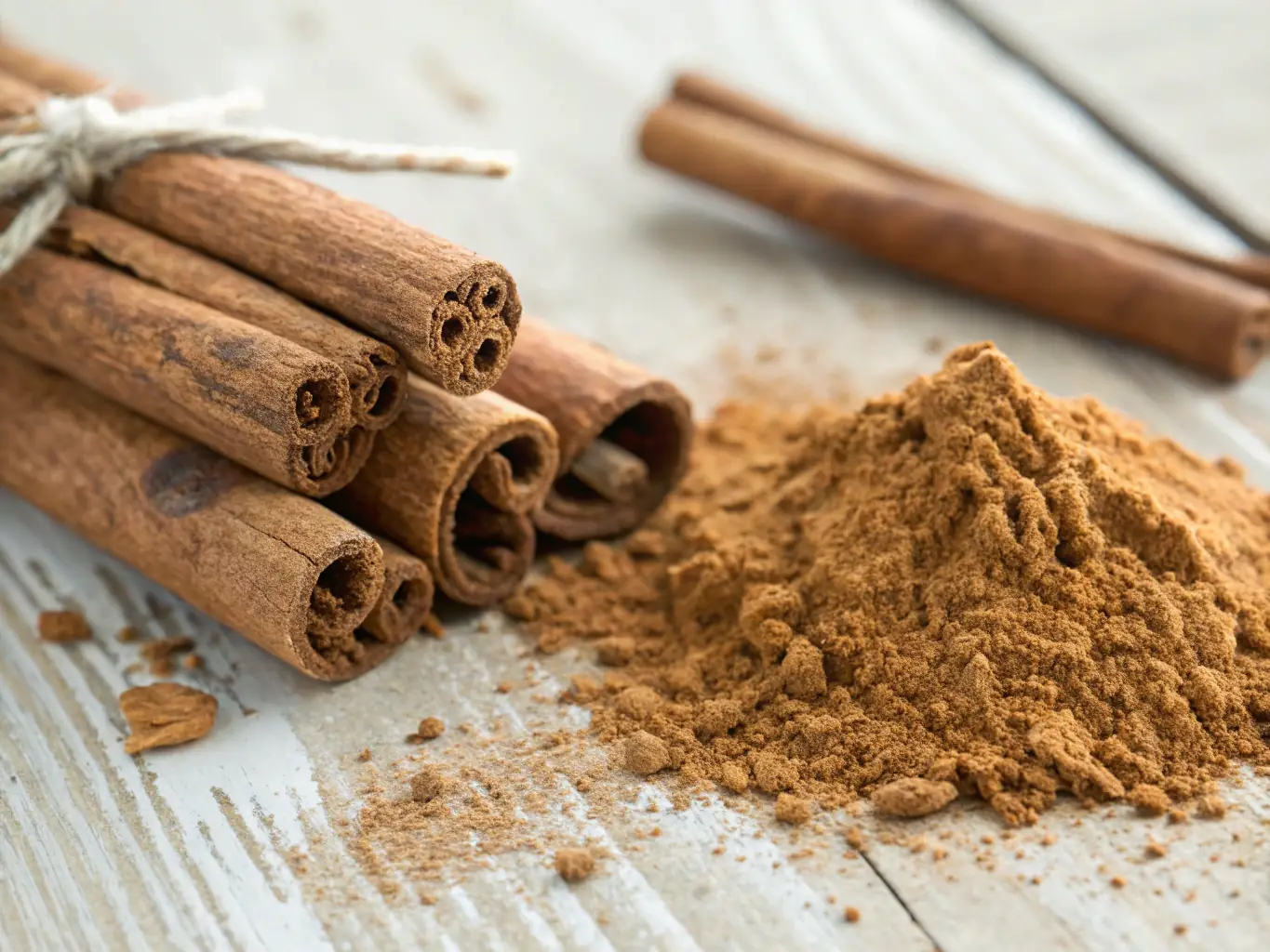 An image of a cinnamon bark extract supplement bottle, with cinnamon sticks and powder scattered around it. The background is a warm, inviting kitchen setting.