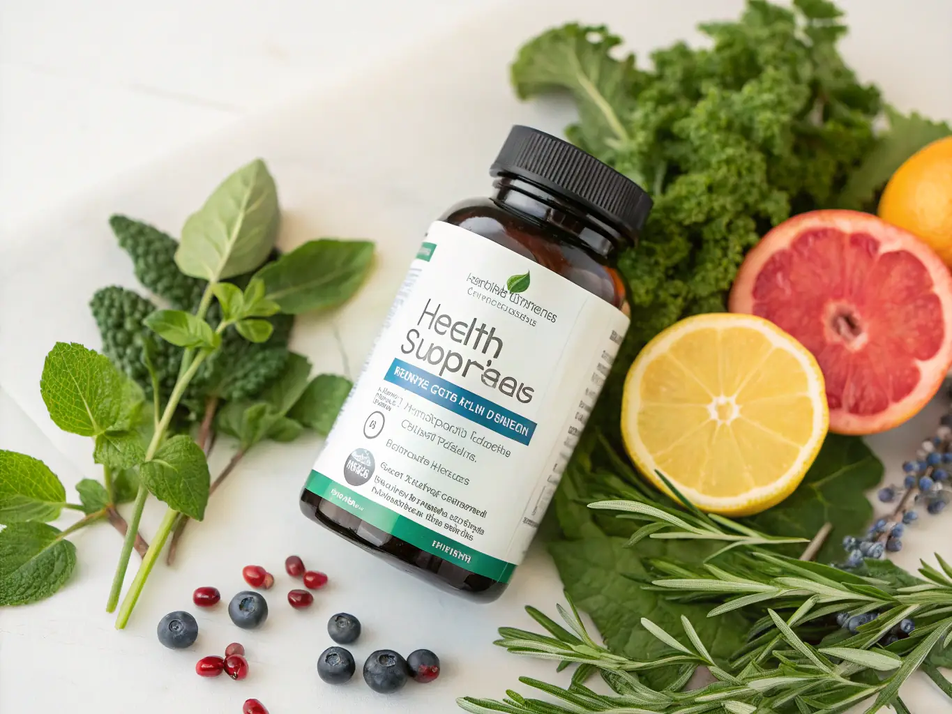 A close-up shot of a bottle of Berberine supplement capsules, with a focus on the label highlighting its blood sugar support benefits. The background is blurred, showing a healthy lifestyle scene with fresh fruits and vegetables.